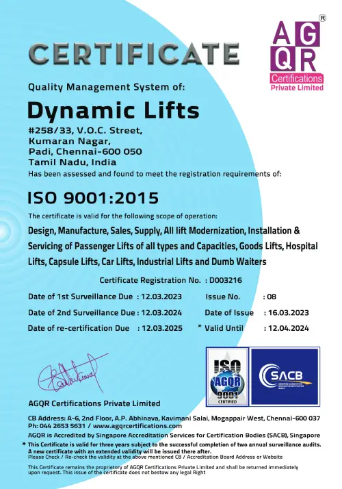 Dynamic Lifts ISO 9001:2015 Certificate